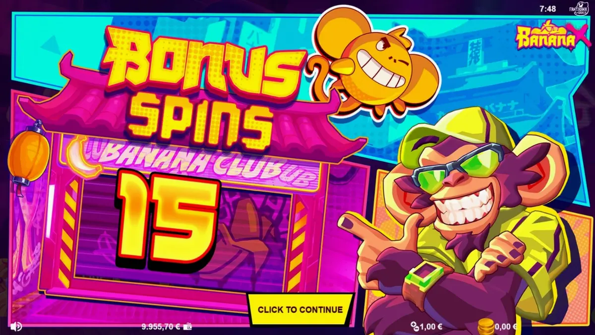 Tampilan layar permainan slot Banana X dengan tema neon dan influencer.